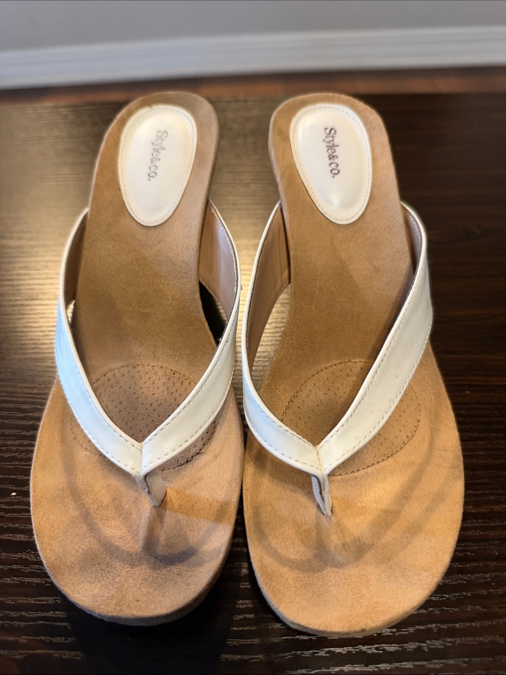Style & Co. White Women's Wedge Thong Sandals with Tan Footbed